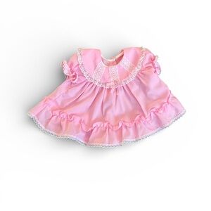 Vintage Handmade Pink Baby Dress with Lace Trim Bow Button Ruffles Sz 0-6 Months